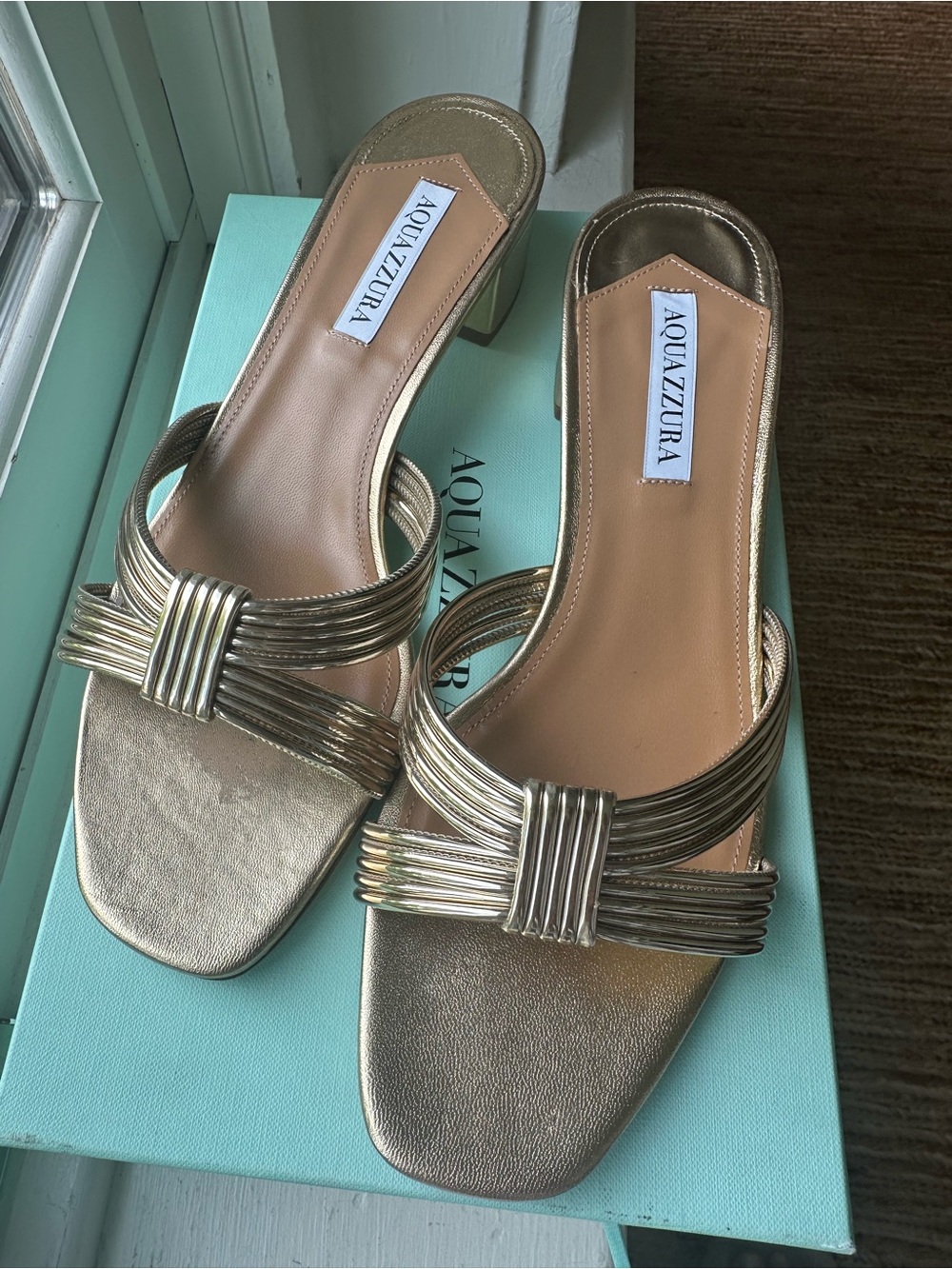 Aquazzura Metallic Gold Multi-Strap Slide Mules